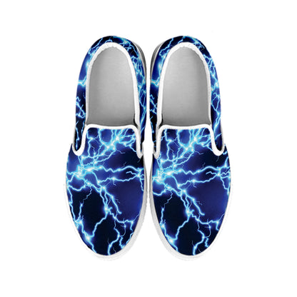 Blue Electric Lightning Print White Slip On Shoes