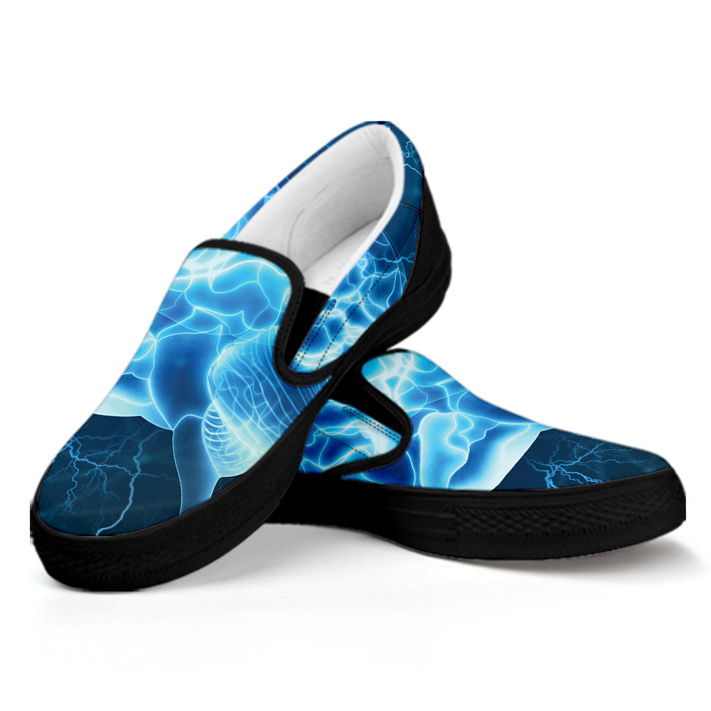 Blue Electrical Brain Activity Print Black Slip On Shoes