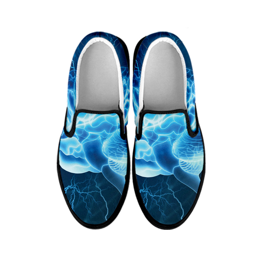 Blue Electrical Brain Activity Print Black Slip On Shoes