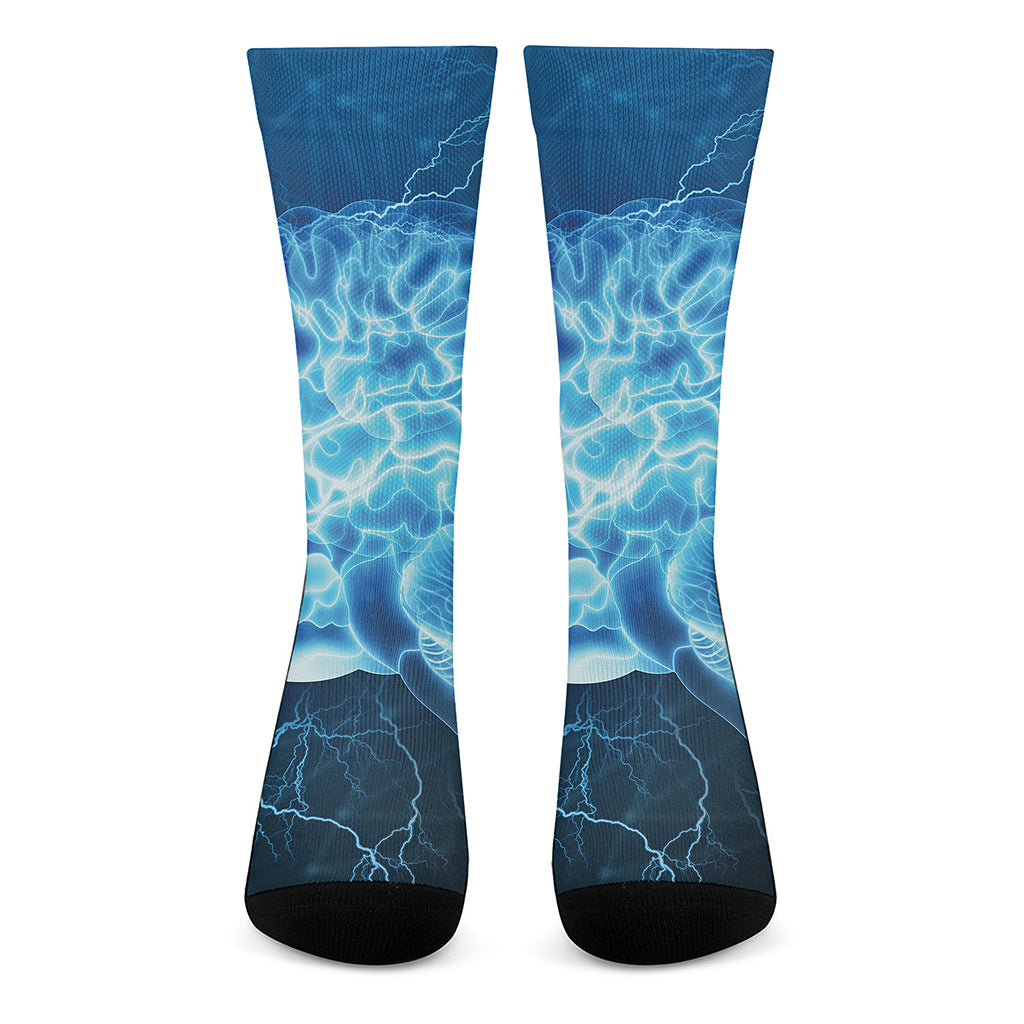 Blue Electrical Brain Activity Print Crew Socks