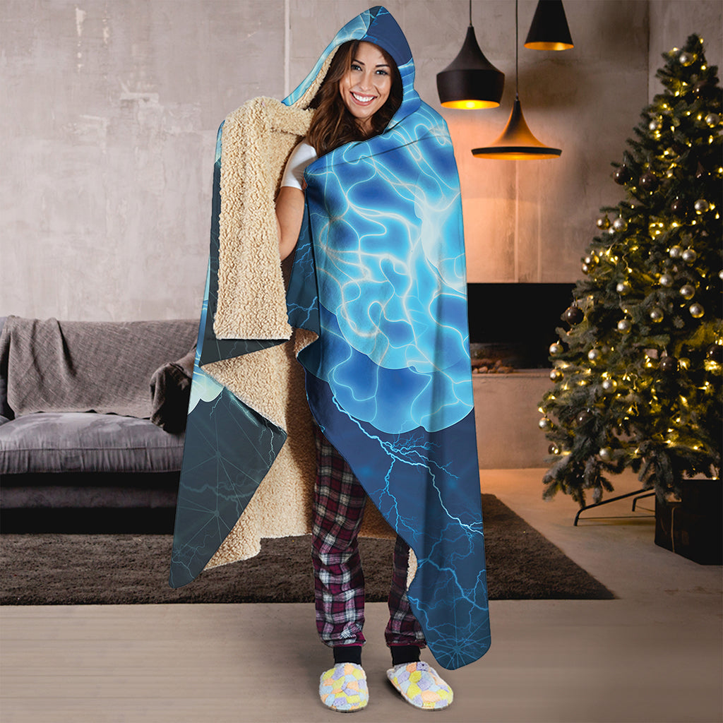 Blue Electrical Brain Activity Print Hooded Blanket