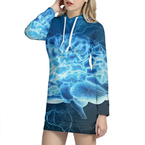 Blue Electrical Brain Activity Print Pullover Hoodie Dress