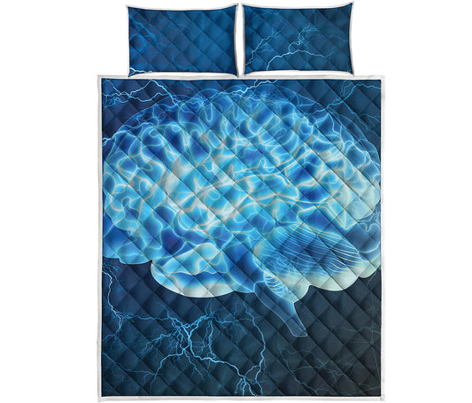 Blue Electrical Brain Activity Print Quilt Bed Set