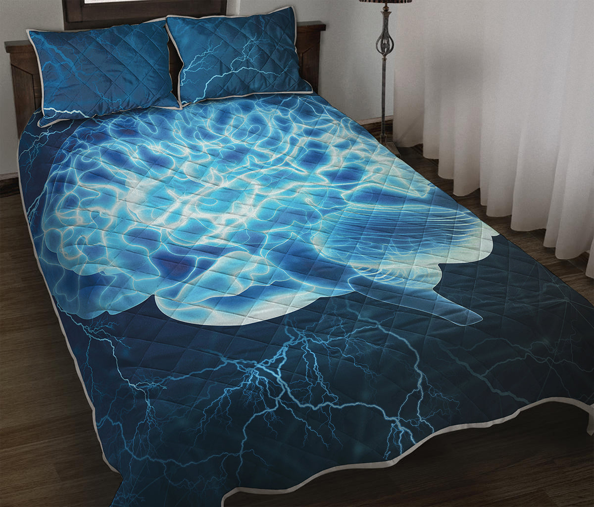 Blue Electrical Brain Activity Print Quilt Bed Set