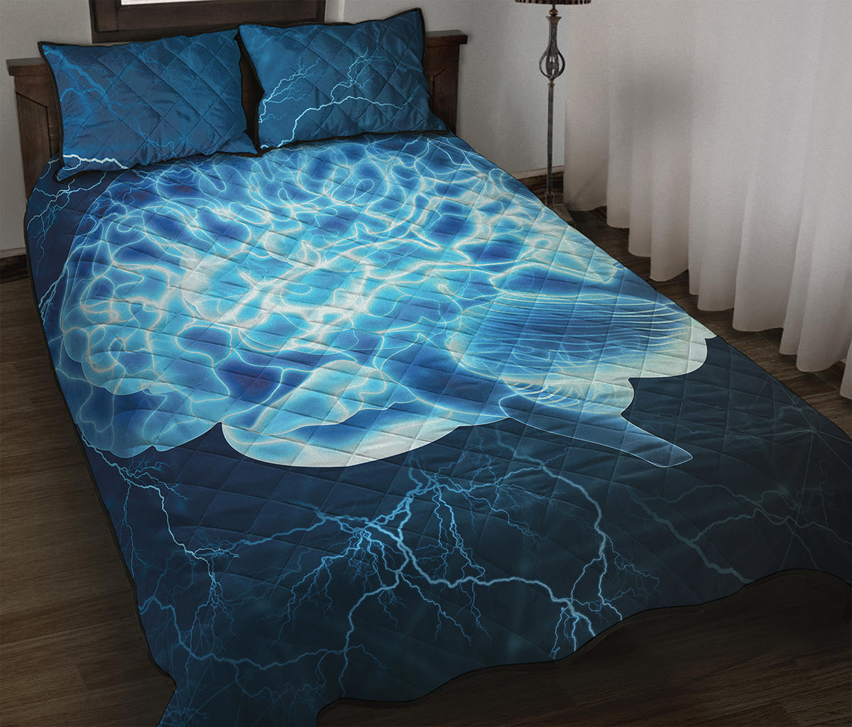 Blue Electrical Brain Activity Print Quilt Bed Set