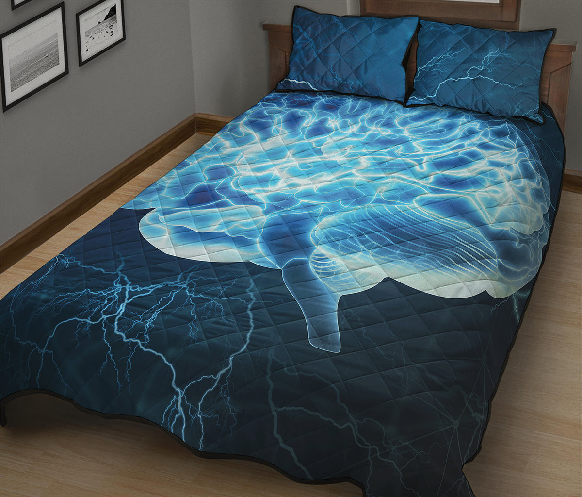 Blue Electrical Brain Activity Print Quilt Bed Set