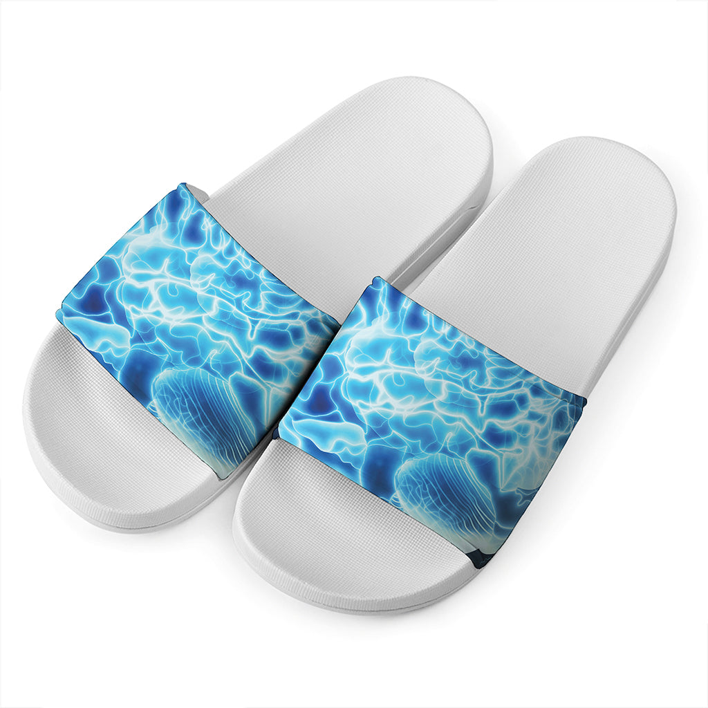 Blue Electrical Brain Activity Print White Slide Sandals