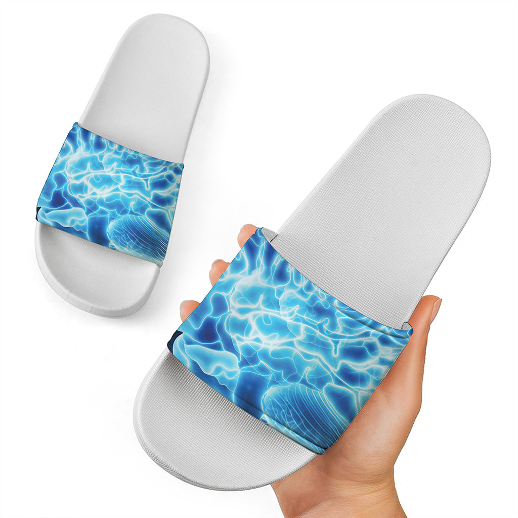 Blue Electrical Brain Activity Print White Slide Sandals