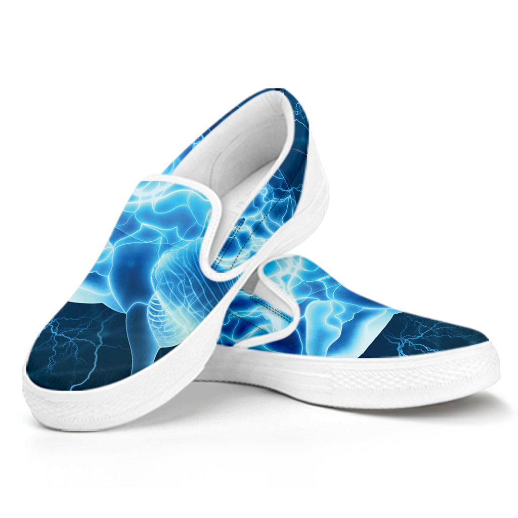 Blue Electrical Brain Activity Print White Slip On Shoes