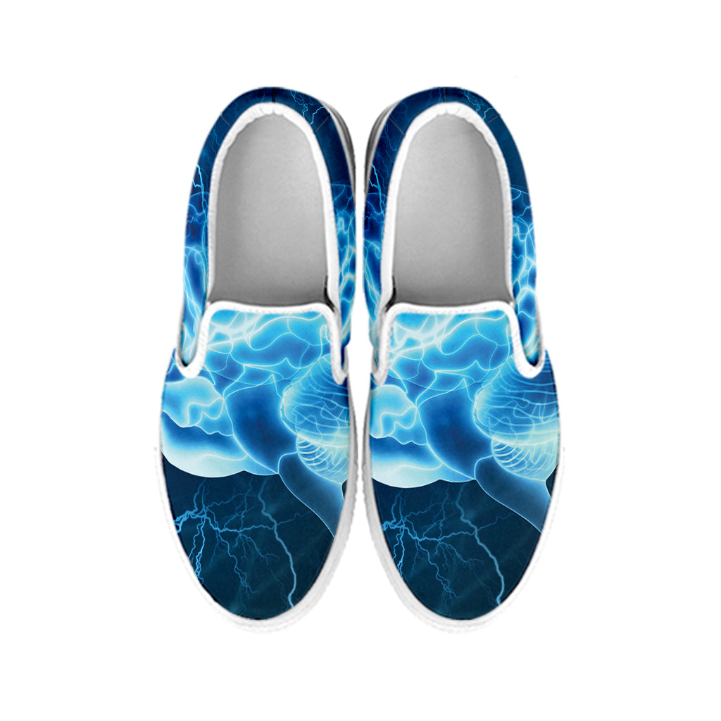 Blue Electrical Brain Activity Print White Slip On Shoes
