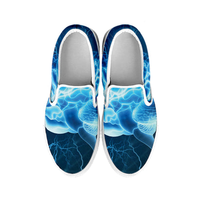 Blue Electrical Brain Activity Print White Slip On Shoes