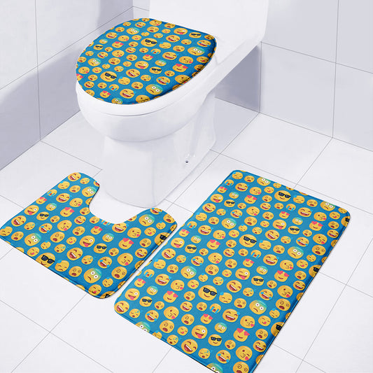 Blue Emoji Pattern Print 3 Piece Bath Mat Set