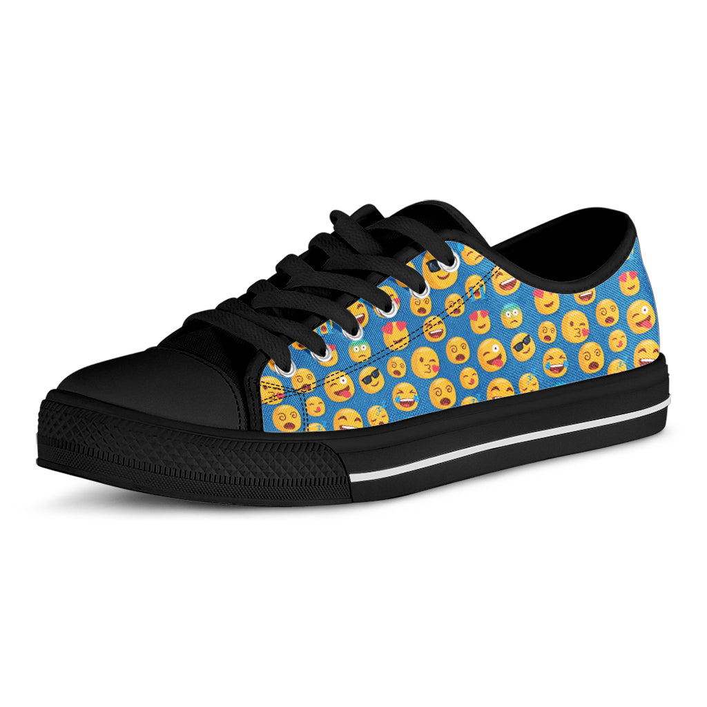 Blue Emoji Pattern Print Black Low Top Shoes