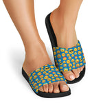 Blue Emoji Pattern Print Black Slide Sandals