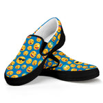 Blue Emoji Pattern Print Black Slip On Shoes