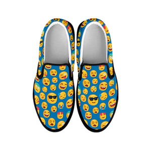 Blue Emoji Pattern Print Black Slip On Shoes