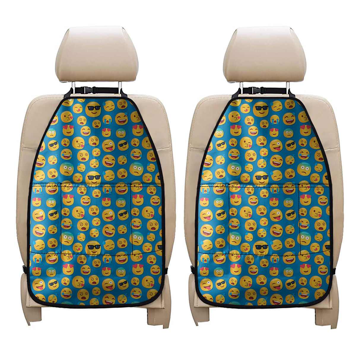 Blue Emoji Pattern Print Car Seat Organizers