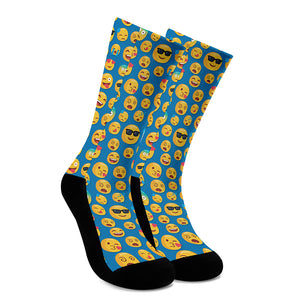 Blue Emoji Pattern Print Crew Socks