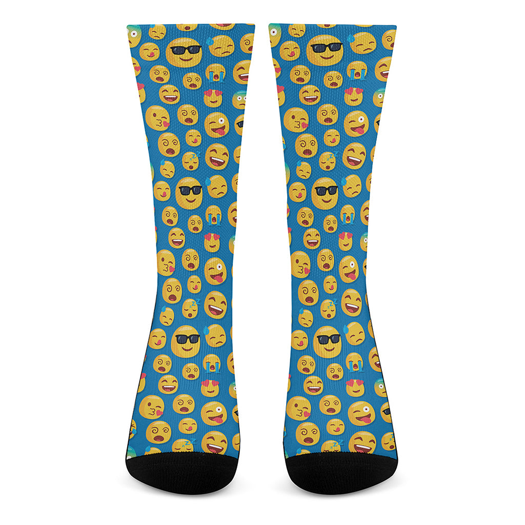 Blue Emoji Pattern Print Crew Socks