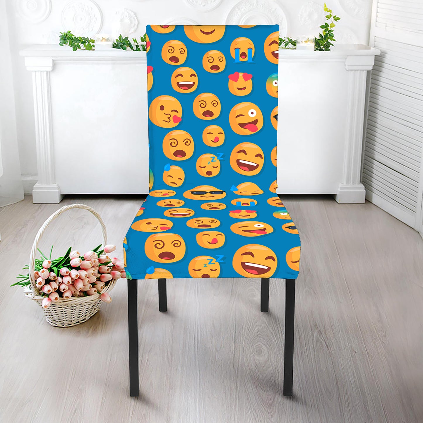 Blue Emoji Pattern Print Dining Chair Slipcover