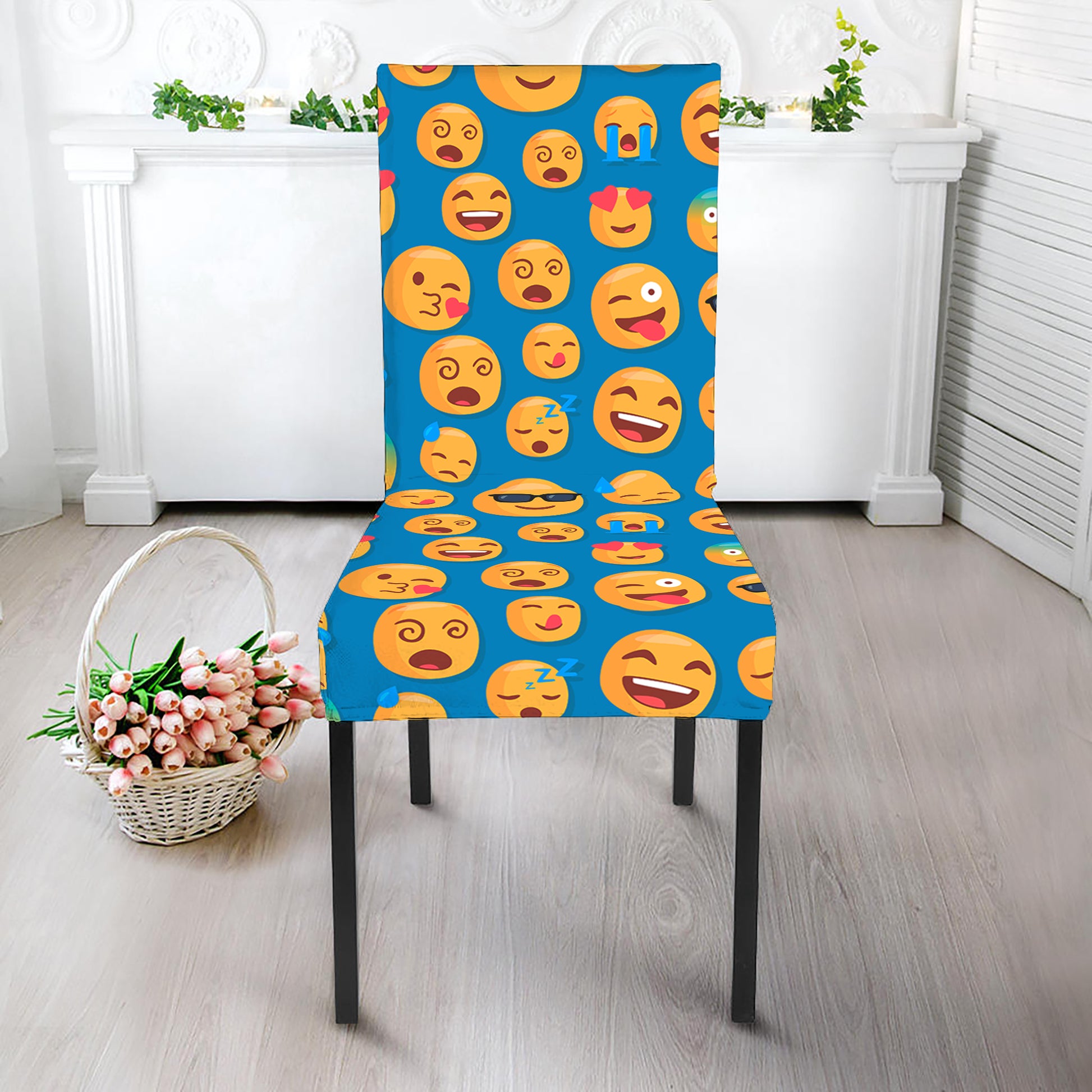 Blue Emoji Pattern Print Dining Chair Slipcover