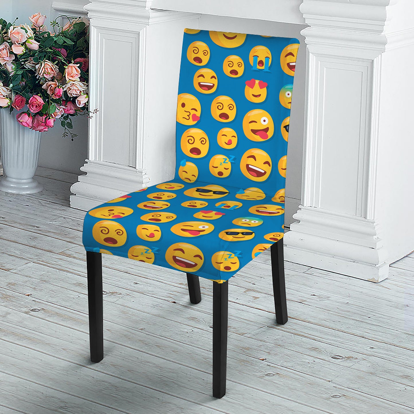 Blue Emoji Pattern Print Dining Chair Slipcover