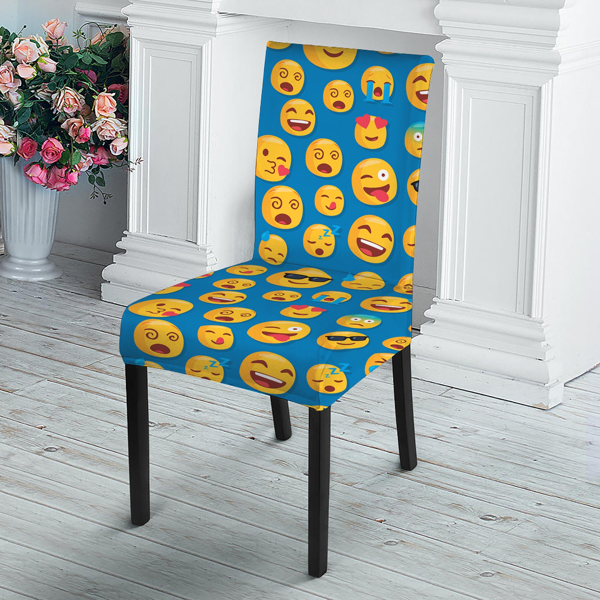 Blue Emoji Pattern Print Dining Chair Slipcover