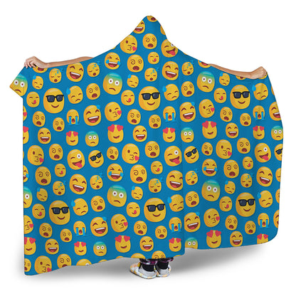 Blue Emoji Pattern Print Hooded Blanket