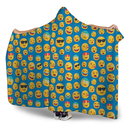 Blue Emoji Pattern Print Hooded Blanket