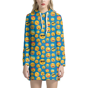 Blue Emoji Pattern Print Hoodie Dress