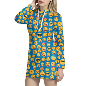 Blue Emoji Pattern Print Hoodie Dress