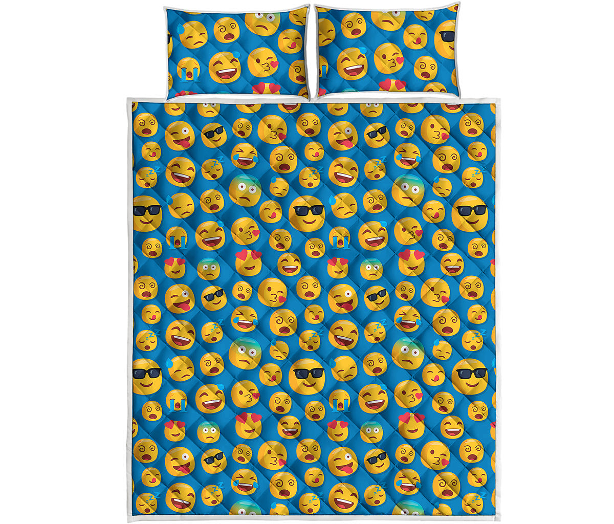 Blue Emoji Pattern Print Quilt Bed Set