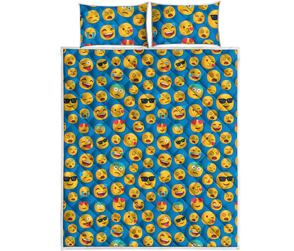 Blue Emoji Pattern Print Quilt Bed Set