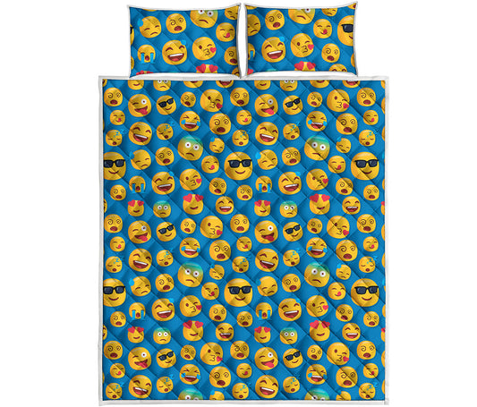 Blue Emoji Pattern Print Quilt Bed Set