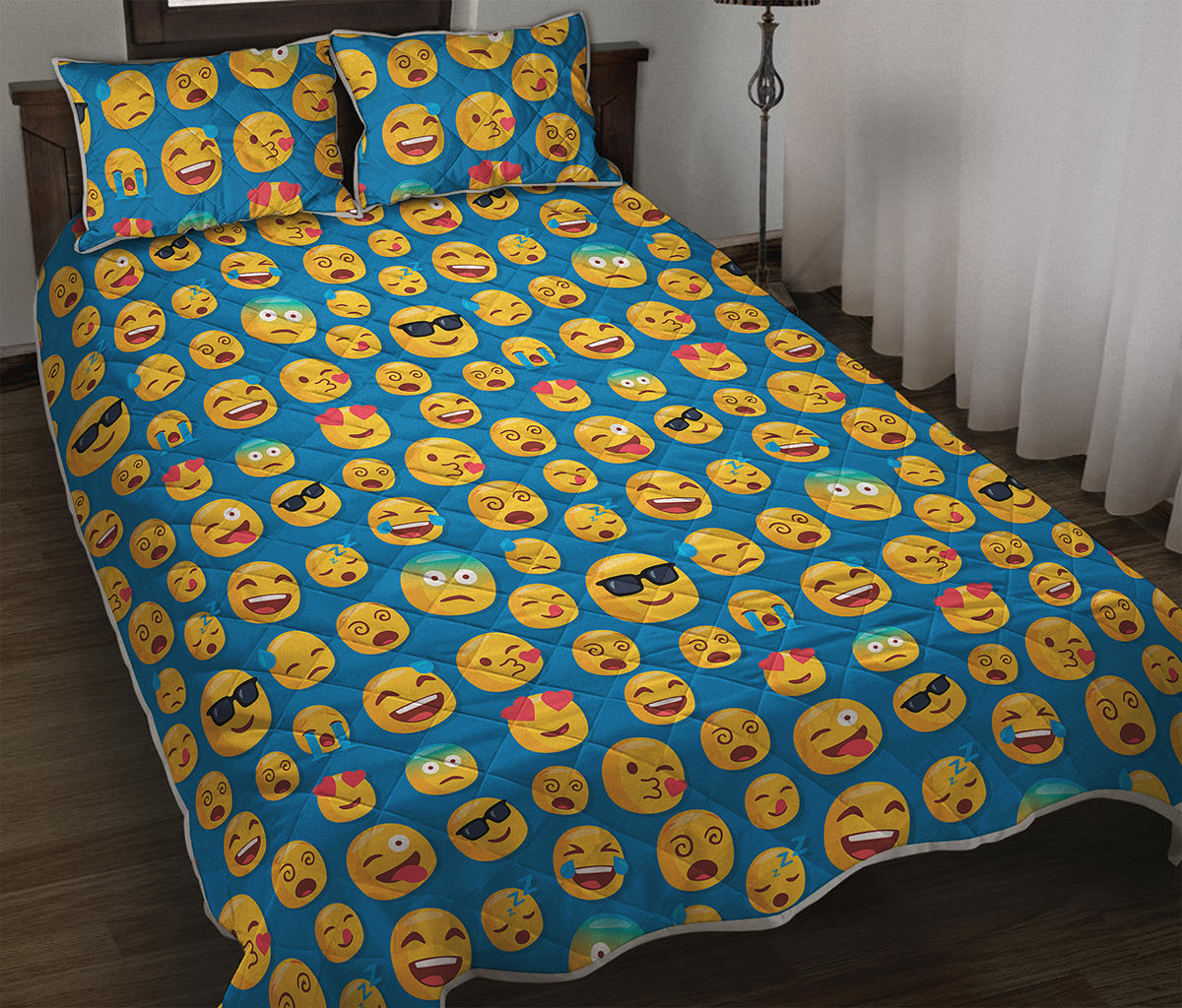 Blue Emoji Pattern Print Quilt Bed Set