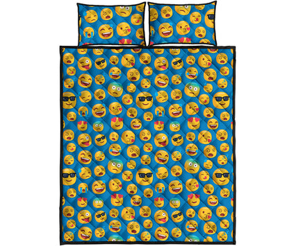 Blue Emoji Pattern Print Quilt Bed Set