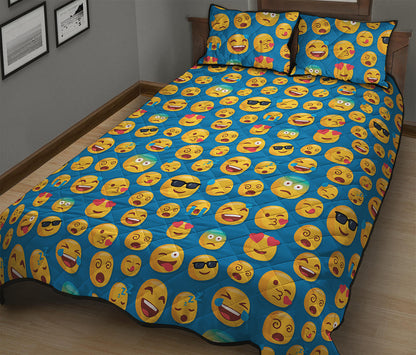Blue Emoji Pattern Print Quilt Bed Set