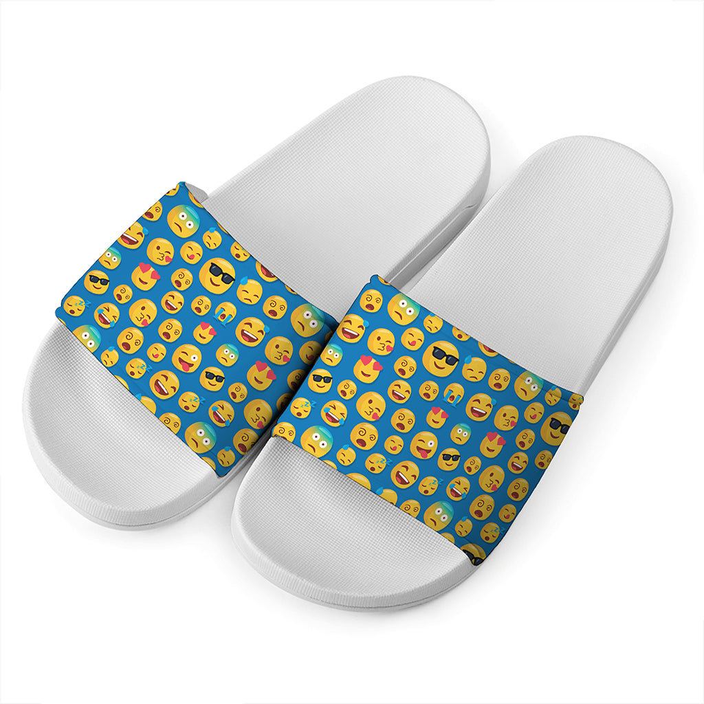 Blue Emoji Pattern Print White Slide Sandals