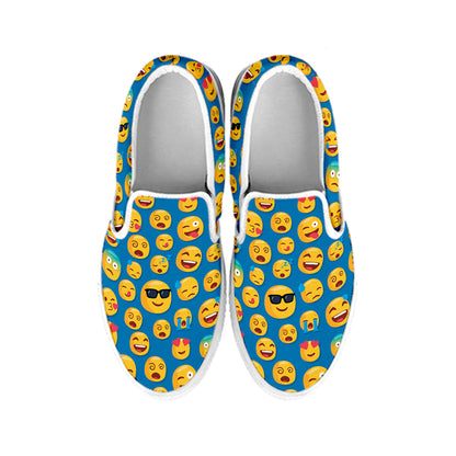 Blue Emoji Pattern Print White Slip On Shoes