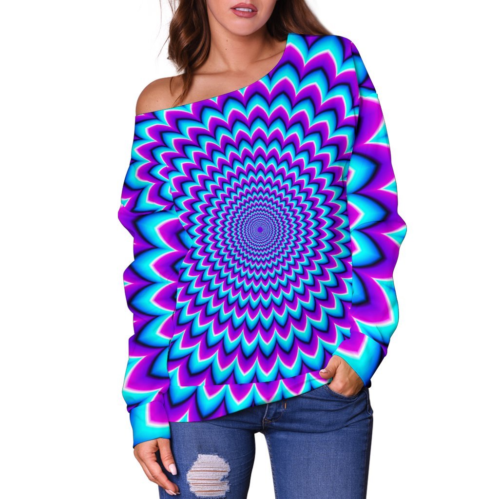 Blue Expansion Moving Optical Illusion Off Shoulder Sweatshirt GearFrost