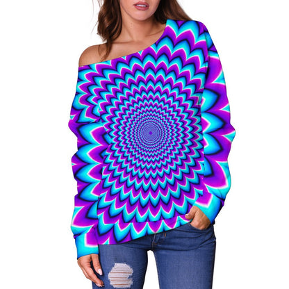 Blue Expansion Moving Optical Illusion Off Shoulder Sweatshirt GearFrost