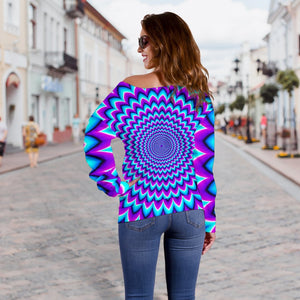 Blue Expansion Moving Optical Illusion Off Shoulder Sweatshirt GearFrost
