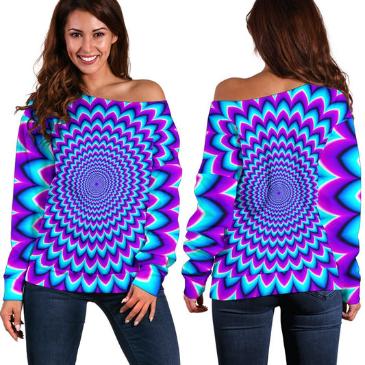 Blue Expansion Moving Optical Illusion Off Shoulder Sweatshirt GearFrost