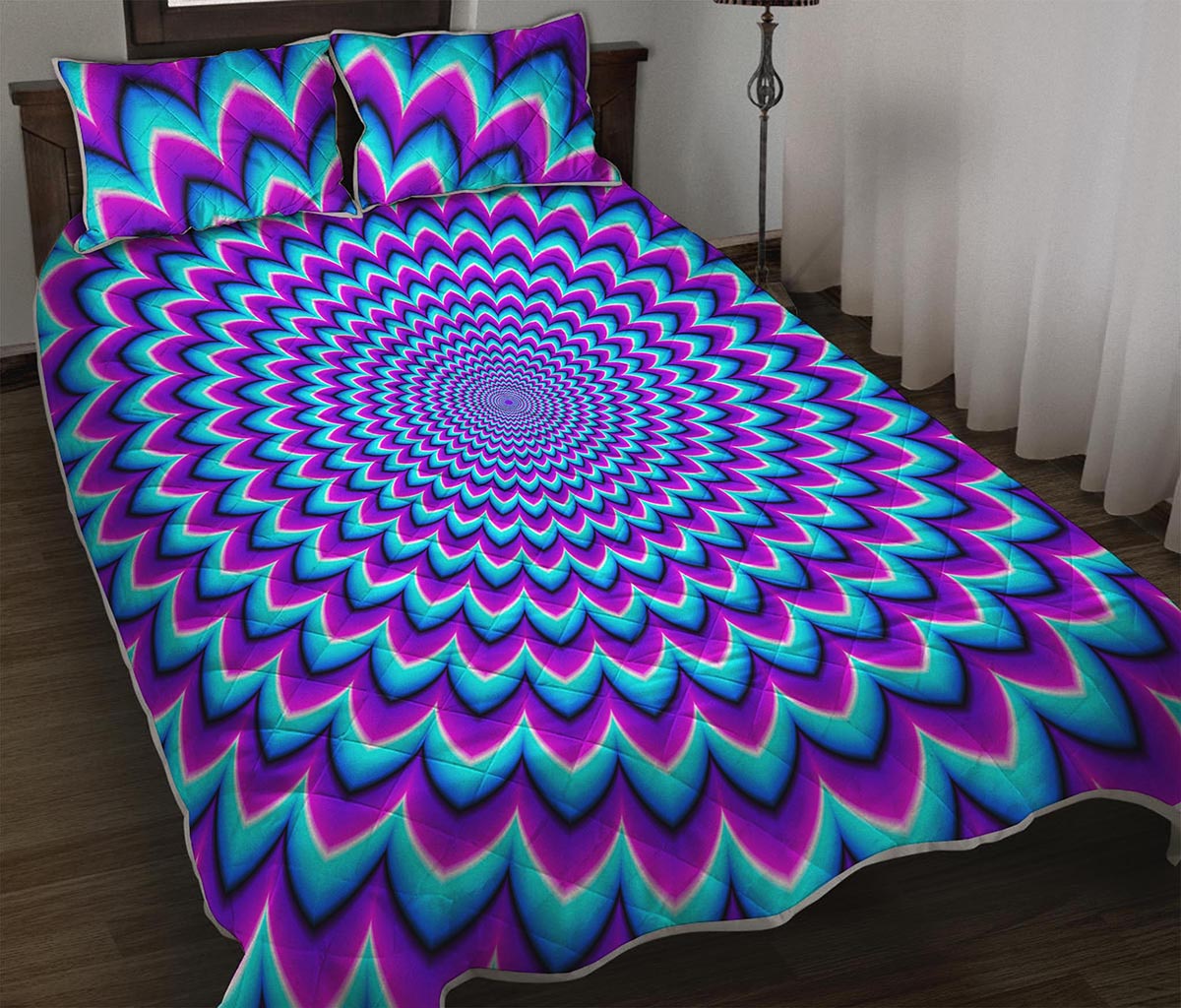 Blue Expansion Moving Optical Illusion Quilt Bed Set