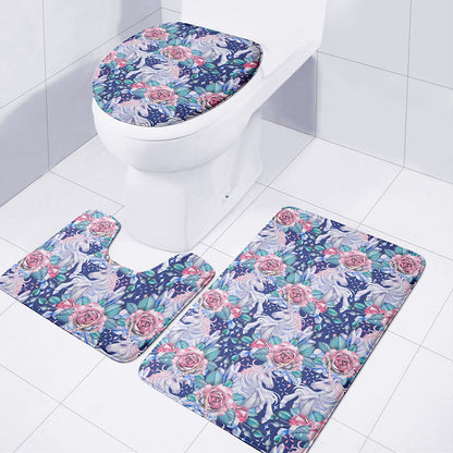 Blue Fairy Rose Unicorn Pattern Print 3 Piece Bath Mat Set