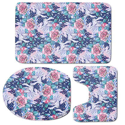 Blue Fairy Rose Unicorn Pattern Print 3 Piece Bath Mat Set