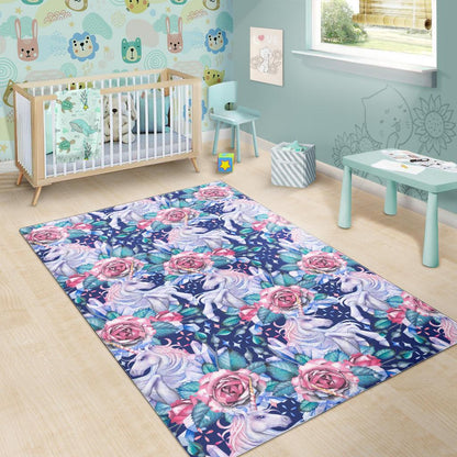 Blue Fairy Rose Unicorn Pattern Print Area Rug GearFrost