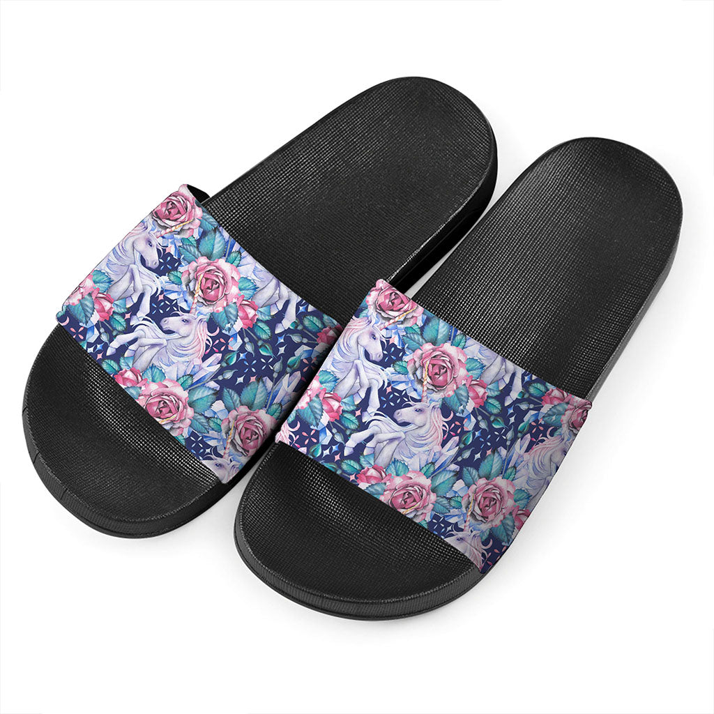 Blue Fairy Rose Unicorn Pattern Print Black Slide Sandals