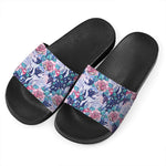 Blue Fairy Rose Unicorn Pattern Print Black Slide Sandals