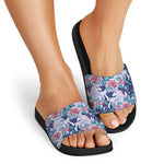 Blue Fairy Rose Unicorn Pattern Print Black Slide Sandals